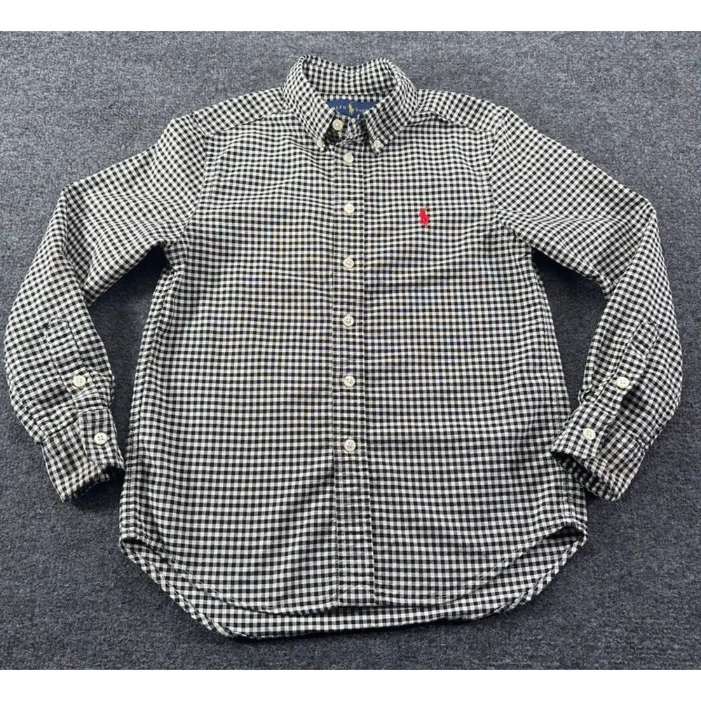 Ralph Lauren Boys Black White Gingham Button Down Shirt Size S 8 Pony Logo